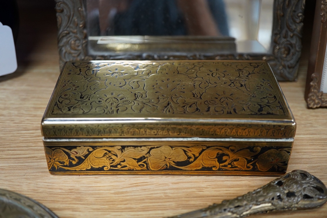 A group of brass and other metalware including an easel, various boxes, mirror etc.(9).